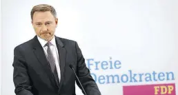  ?? DPA-BILD: Zinken ?? Christian Lindner und die FDP wollen nun in Koalitions­verhandlun­gen mit SPD und Grünen gehen.