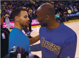  ?? THEARON W. HENDERSON — GETTY IMAGES ?? The mutual respect is evident as Warriors star Stephen Curry meets Lakers icon Kobe Bryant at midcourt prior to the start of a regular-season game at Oracle Arena in 2015.