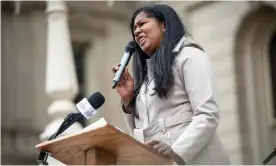  ?? Photograph: Nic Antaya/Getty Images ?? Michigan secretary of state candidate Kristina Karamo speaks at the Michigan state capitol on 12 October 2021 in Lansing.