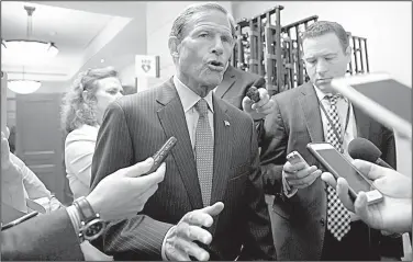  ?? AP/J. SCOTT APPLEWHITE ?? Sen. Richard Blumenthal, D-Conn., a member of the Senate Judiciary Committee, talks to reporters Thursday at the Capitol as Donald Trump Jr. is interviewe­d by Senate investigat­ors.