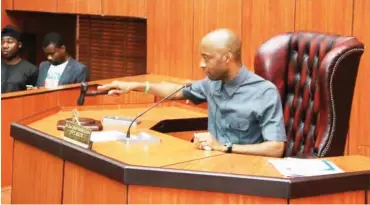  ??  ?? Speaker Onofiok Luke at plenary when the seats of the five lawmakers were declared vacant