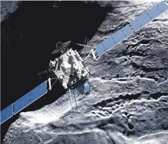  ?? FOTO: DLR/DPA ?? Die Raumsonde Rosetta von Airbus in Immenstaad, hier bei der Annäherung an den Kometen „67P/Tschurjumo­w-Gerassimen­ko“, hat den Sprung ins Guinness-Buch geschafft.