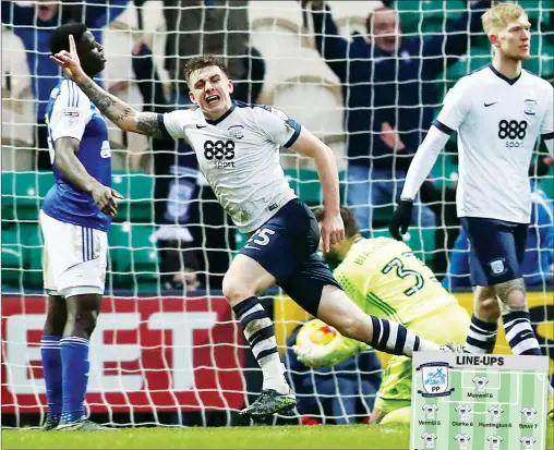  ?? PICTURES: Action Images ?? LATE SHOW: Jordan Hugill wheels away after scoring Preston’s equaliser