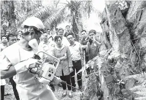  ??  ?? KOK (tiga kiri) melihat proses ‘trunk injection’ pada Program Penerangan Pensijilan Minyak Sawit Mampan Malaysia dan kawalan ulat pemakan daun Felda Gunung Besout 2 di Sungkai, Isnin. — Gambar Bernama