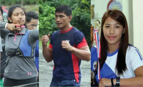  ?? SSB file photos ?? TOP ATHLETES. Former One Championsh­ip lightweigh­t world champion Eduard Folayang, Divine Wally and Kareel Hongitan were recently feted by the PSA for bringing honor to the country. Not in photo is Uni Games wushu silver medalist Jomar Balangui.