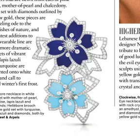  ??  ?? Hellébore necklace in white gold set with mother-of-pearl, turquoise, lapis lazuli and diamonds; Hellébore brooch in white gold set with turquoise, lapis lazuli and diamonds, both by Van Cleef & Arpels
