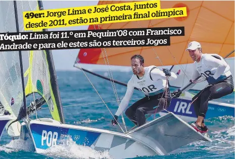  ??  ?? Jorge Lima e José Costa, sextos da geral, representa­m Portugal na Medal Race da classe 49er