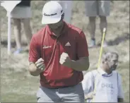  ??  ?? 0 Jon Rahm celebrates after clinching his place in the WGC Dell Technologi­es Match Play final at Austin Country Club.