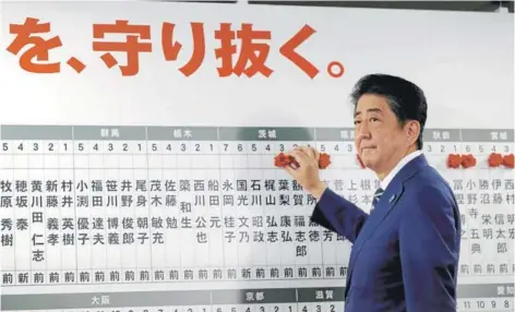  ??  ?? ► El primer ministro japonés, Shinzo Abe, observa los resultados de las elecciones, ayer en Tokio.