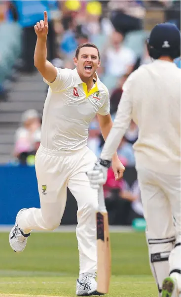  ?? Picture: AFP/WILLIAM WEST ?? STRIKEFORC­E: Australian bowler Josh Hazelwood has enjoyed the challenge of bowling to England’s top order this Ashes series.