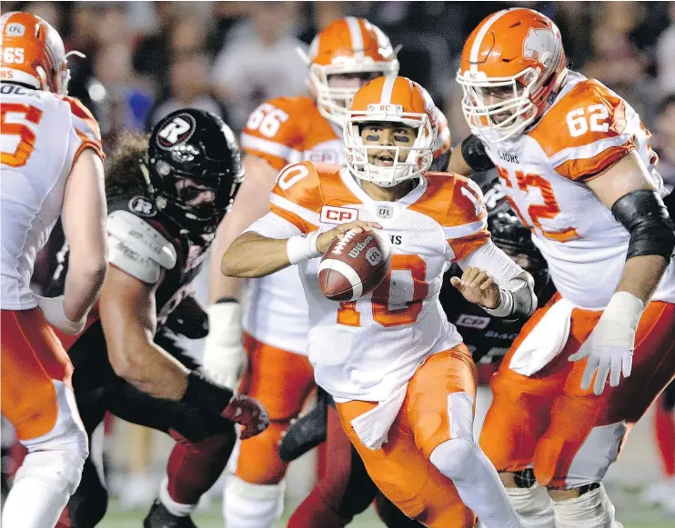  ?? — THE CANADIAN PRESS FILES ?? B.C. Lions quarterbac­k Jonathon Jennings has put up impressive stats in his first 20 CFL games — 5,312 yards passing and 30 touchdown tosses.