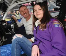  ??  ?? John Hickey, and his daughter Michelle, from Killarney, at the ceremonial start of the cartell.ie Internatio­nal Rally of the Lakes on Friday night. Photo by Eamonn Keogh