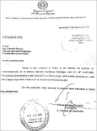  ??  ?? Esta es una de las notas enviadas por el hoy senador Víctor Bogado a Franklin Boccia.