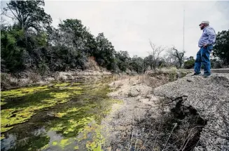  ?? ?? Milan Michalec of the Cow Creek Groundwate­r Conservati­on District looks over Cibolo Creek upstream from Boerne City Lake in 2021. The district is under “drought emergency” regulation­s.