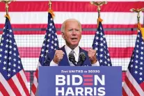  ?? CAROLYN KASTER/ASSOCIATED PRESS ?? Former Vice President Joe Biden, the Democratic presidenti­al nominee, speaks at a campaign event Monday in Pittsburgh. He delivered an uncharacte­ristically blistering speech and distanced himself from radical forces involved in altercatio­ns.