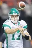  ??  ?? Saskatchew­an Roughrider­s’ quarterbac­k Zach Collaros passes against the B.C. Lions.