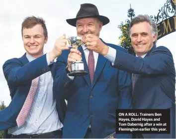  ??  ?? ON A ROLL: Trainers Ben Hayes, David Hayes and Tom Dabernig after a win at Flemington earlier this year.