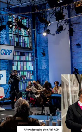  ??  ?? After addressing the CARP AGM (above), Scheer had a sit-down with Zoomer Radio’s Libby Znaimer (above right). After the talk, with CARP president Moses Znaimer (right).