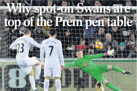  ??  ?? > Gylfi Sigurdsson has proved deadly from the penalty spot for the Swans, including this one against Sunderland in December