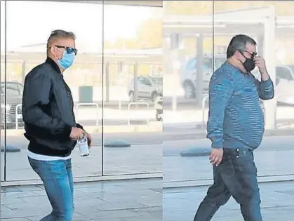  ??  ?? El padre de Haaland, Alf-Inge, y Mino Raiola, su agente, el jueves a su llegada al aeropuerto de El Prat