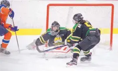  ??  ?? Goaltender Zachery Brown makes a save for the Hilltopper­s against Amarillo as defenseman Dara Armstrong provides support.