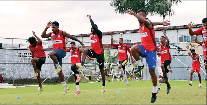  ?? Photo: Fiji FA Media ?? Rewa striker Setareki Hughes (second from left) leads the players during training at the Fiji FA Academy ground in Vatuwaqa, Suva.