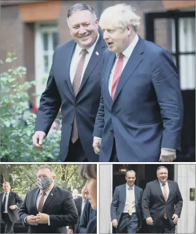  ?? PICTURES: PA WIRE ?? WORKING TOGETHER: Prime Minister Boris Johnson welcomes US Secretary of State, Mike Pompeo, to Downing Street for a private meeting; Mr Pompeo arrives at the In And Out Club in London to meet backbench MPs; Mr Pompeo with Foreign Secretary Dominic Raab.