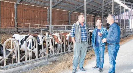  ?? FOTOS: JENNIFER KUHLMANN ?? Landwirt Martin Neher (Mitte) informiert sich bei seinem kroatische­n Kollegen Stjepan Spahić (links) über dessen Milchviehb­etrieb. Der stellvertr­etende Bürgermeis­ter von Novska springt als Übersetzer ein.