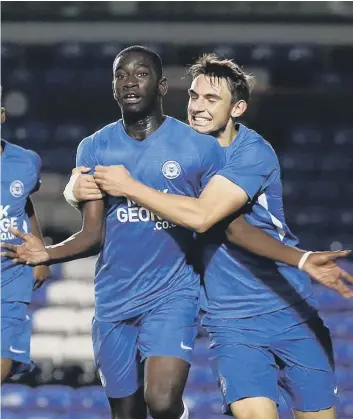  ??  ?? Mikkel Fosu celebrates his goal for Posh against Luton in the FA Youth Cup.