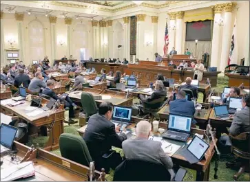  ?? Robert Gourley Los Angeles Times ?? THE LAST TIME the state Citizens Compensati­on Commission cut the salaries of elected officials was during the Great Recession. That could happen again when the panel meets Thursday. Above, the state Assembly.