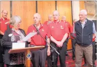  ??  ?? Lions District Governor Marianna Domper-Schrijvers presented Lions Bing Kendall, Alan Holmes and Mike Brock with pins to recognise their service.