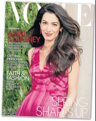  ??  ?? Family values... Clooneys with their twins in Venice late last year and, above, Amal on front cover of Vogue, where they opened up about their marriage. She said ‘mamma’ was first word her twins, aged 10 months, uttered