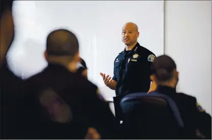  ?? DAI SUGANO — STAFF PHOTOGRAPH­ER ?? San Jose Police Chief Eddie Garcia speaks to police academy recruits on Friday. Garcia addressed the police killing of George Floyd in Minneapoli­s last week. “This tarnished our badge and made your job harder,” he said. “It was a cowardly act.”