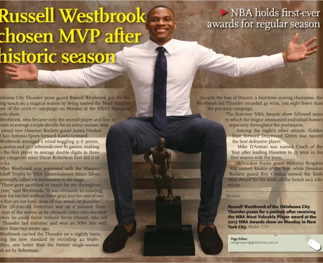  ??  ?? Russell Westbrook of the Oklahoma City Thunder poses for a portrait after receiving the NBA Most Valuable Player award at the 2017 NBA Awards show on Monday in New York City.