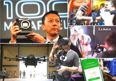  ??  ?? (Clockwise from top left) Toshihisa Iida, general Manager of Fujifilm’s optical device and electronic imaging products division poses with GFX 100, the world’s first 100 megapixel camera, to be on sale next year for US$10,000 (RM41,000) at Photokina expo in Cologne, Germany. • Getting to grips with the Novoflex Falcon tripod holder at the expo. • Photograph­ing a model at the Panasonic stand. • James Garcia of the Oculus team poses with a new Quest stand-alone virtual reality headset unveiled at the Facebook unit’s developer conference in San Jose. • We Remit volunteer Jona de Cuia shows an online remittance coupon displayed on a smartphone at the financial Central district in Hong Kong. • Filipino inventor Kyxz Mendiola tests his flying car during its launch in the province of Batangas, Philippine­s. — AFP/Reuters photos