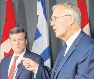  ?? CP PHOTO ?? Bill Blair (right), federal minister of border security and organized crime reduction, and Mayor John Tory attend a press conference in Toronto on Friday.