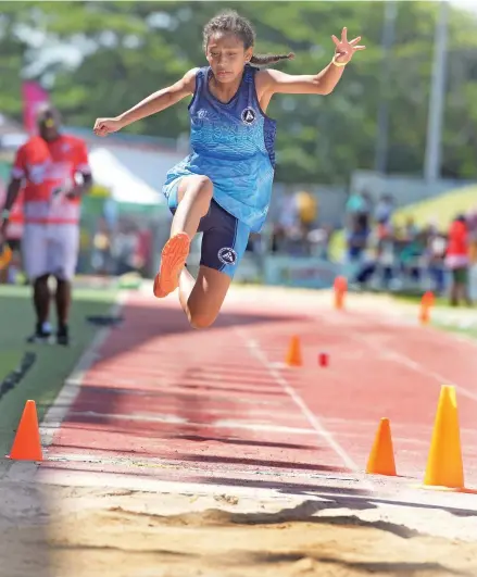  ?? Photo: Ronald Kumar ?? Darlyn Cavalawa of DAV College during Suva Zone 2 junior-girls long jump event at the HFC Bank Stadium on April 14, 2023.