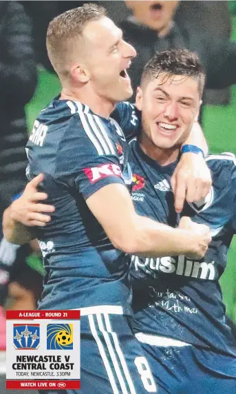  ?? Picture: SCOTT BARBOUR ?? Marco Rojas is congratula­ted by fellow Melbourne Victory goal scorer Besart Berisha after finding the back of the net in the 2-1 win over Adelaide United at AAMI Park last night