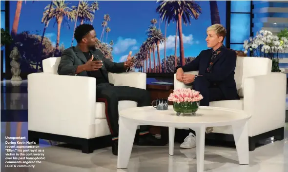  ??  ?? Unrepentan­tDuring Kevin Hart’s recent appearance on “Ellen,” his portrayal as a victim in the controvers­y over his past homophobic comments angered the LGBTQ community.