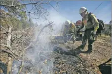  ?? LUIS SÁNCHEZ SATURNO/New Mexican file photo ?? Firefighte­rs with the Santa Fe National Forest put out smoldering logs during a 2018 prescribed burn on Rowe Mesa.