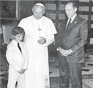  ??  ?? Then-prime minister Pierre Elliot Trudeau and his son Justin, then 8, had an audience with Pope John Paul II in June 1980, a few months after Trudeau was returned to power. He is one of the few Canadian premiers and prime ministers to win an election after being defeated in a previous one. It’s such a rare feat that B.C. Liberal Leader Christy Clark shouldn’t count on emulating it, writes Lawrie McFarlane.