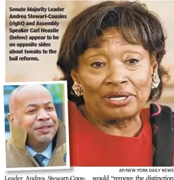  ?? AP/NEW YORK DAILY NEWS ?? Senate Majority Leader Andrea Stewart-Cousins (right) and Assembly Speaker Carl Heastie (below) appear to be on opposite sides about tweaks to the bail reforms.