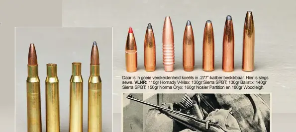  ??  ?? Die .270 Win (regs) is ontwikkel deur bloot die dop van die .30-06 (patroon en dop links) af te nek sodat dit .277”-koeëls kan neem. Daar is ’n goeie verskeiden­heid koeëls in .277”-kaliber beskikbaar. Hier is slegs sewe. VLNR: 110gr Hornady V-Max; 130gr Sierra SPBT; 130gr Balistix; 140gr Sierra SPBT; 150gr Norma Oryx; 160gr Nosler Partition en 180gr Woodleigh.