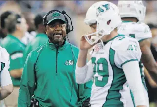  ?? JOHN WOODS/THE CANADIAN PRESS ?? Saskatchew­an Roughrider­s head coach Bob Dyce calls out to kicker Ray Early during a 22-7 loss to the Blue Bombers in Winnipeg on Sept. 12.