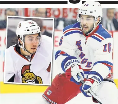 ?? AP (2) ?? EXCHANGED: By trading Derick Brassard for Mika Zibanejad (inset), the Rangers got a player that is younger, faster, bigger and cheaper, writes The Post’s Larry Brooks.