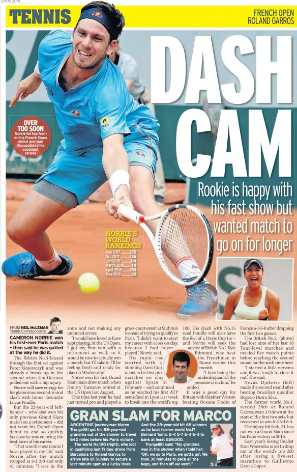  ??  ?? OVER TOO SOON Norrie hit top form on his French Open debut and was disappoint­ed his opponent retired