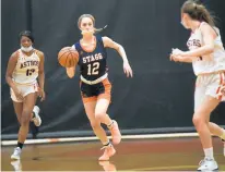  ?? STEVE JOHNSTON/DAILY SOUTHTOWN ?? Stagg’s Gail Korbitz (12) brings the ball up the court against Shepard during a game in Palos Heights on Monday.