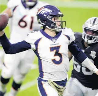  ?? ISAACBREKK­EN/AP ?? Broncos quarterbac­kDrewLock is listed as day to daybecause ofarib injury he suffered in a loss to the LasVegas Raiders.