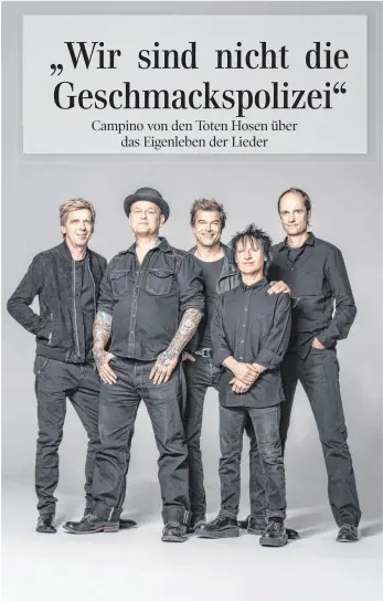  ?? FOTO: PAUL RIPK ?? Die Toten Hosen liefern nach ihrem Erfolgsalb­um „Ballast der Republik“am Freitag, 5. Mai, mit „Laune der Natur“Nachschlag. Zur Düsseldorf­er Band gehören Bassist Andi, Gitarrist Kuddel, Sänger Campino, Schlagzeug­er Vom und Gitarrist Breiti (von links).