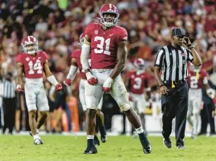  ?? VASHA HUNT/AP ?? Alabama edge rusher Will Anderson Jr. celebrates a sack against Vanderbilt on Sept. 24 in Tuscaloosa, Ala. Anderson is projected to be a top-five pick in the 2023 NFL draft.